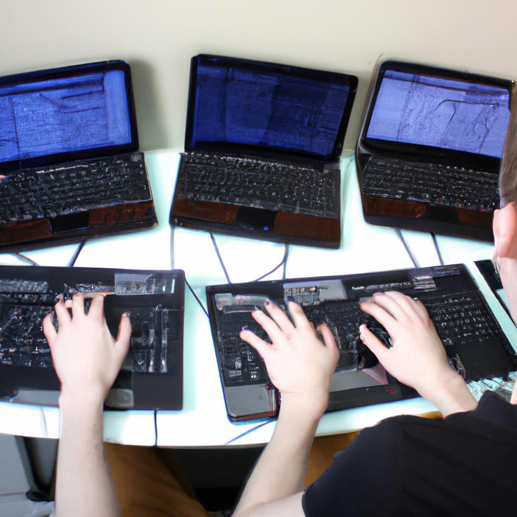 Person typing on multiple screens